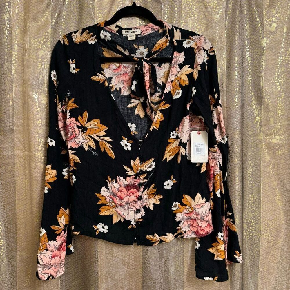 Billabong Lust Linger Black Pink Floral Long Bell Sleeve Tie Neck Top NWT